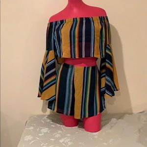Striped off the shoulder two piece outfit.